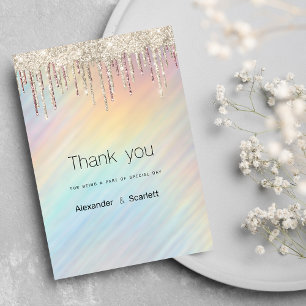 Rainbow holographic gold glitter drips Thank You Invitation