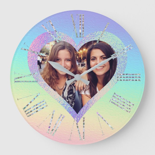 Rainbow Holographic Heart Frame Custom Photo Large Clock (Front)