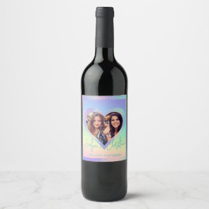 Rainbow Holographic Heart Frame Custom Photo Wine Label