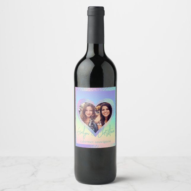 Rainbow Holographic Heart Frame Custom Photo Wine Label (Front)