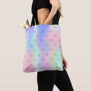 Rainbow holographic pink purple custom monogram tote bag