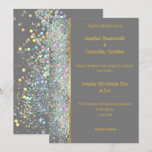 RAINBOW HOLOGRAPHIC SPOT GREY GOLD WEDDING INVITATION