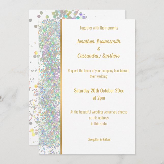 RAINBOW HOLOGRAPHIC SPOT WHITE GOLD WEDDING INVITATION (Front/Back)