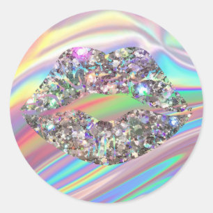 Rainbow Holography Glam Glitter Sparkly Lips Classic Round Sticker