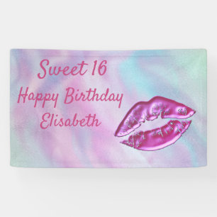 Rainbow holpgraphic cute pink lips sweet 16 party banner