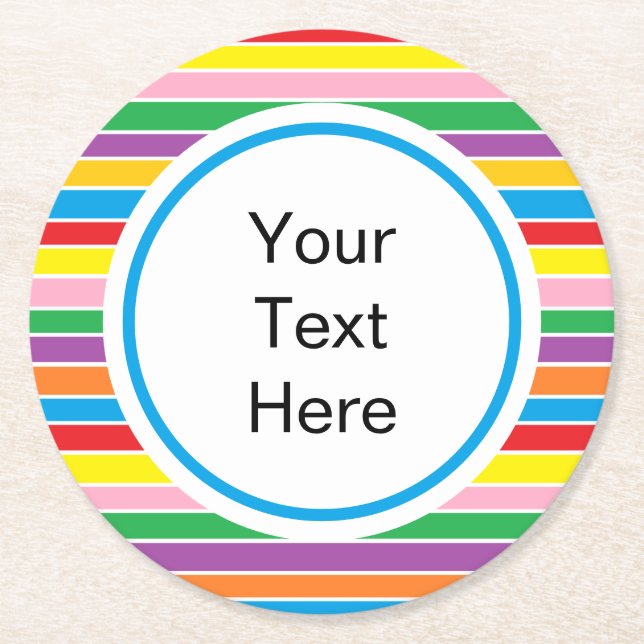 Rainbow Horizontal Stripes Custom Text Round Paper Coaster (Front)