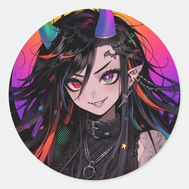 Rainbow Horned Goth Punk Anime Girl Classic Round Sticker (Front)