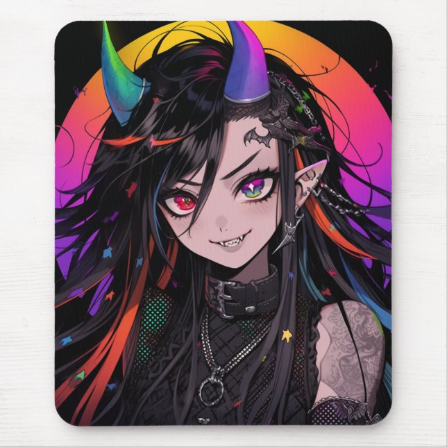 Rainbow Horned Goth Punk Anime Girl Mouse Pad (Front)