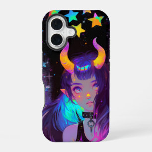 Rainbow-Horned Night Elf Under Neon Stars iPhone 16 Case