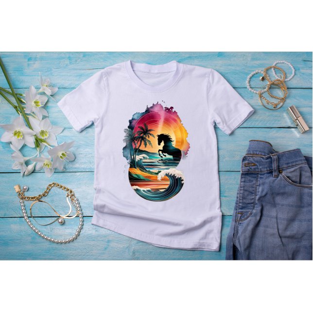 Rainbow Horse Art with Sunset Beach Landscape T-Shirt (Creator Uploaded)
