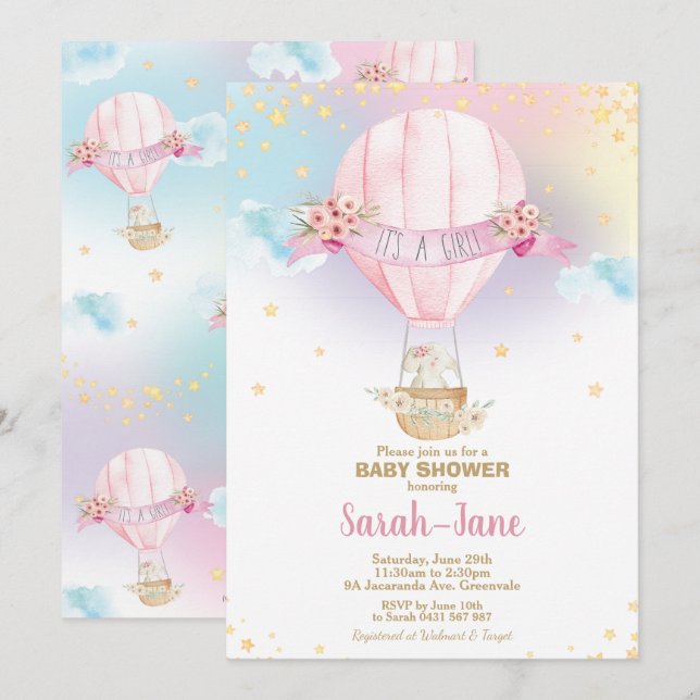 Rainbow Hot Air Balloon Baby Girl Shower Elephant Invitation (Front/Back)