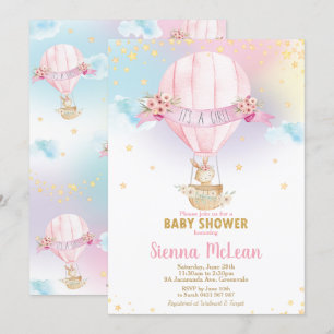 Rainbow Hot Air Balloon Baby Shower Bunny Girl Invitation