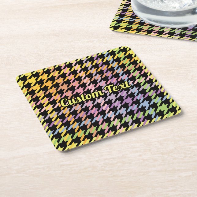 Rainbow Houndstooth Pattern Square Paper Coaster (Angled)