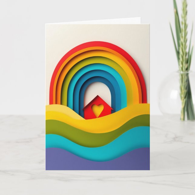 Rainbow House Paper Collage Card (Front)