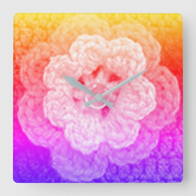 Rainbow Hues Yellow Pink Purple Crochet Print on Square Wall Clock (Front)