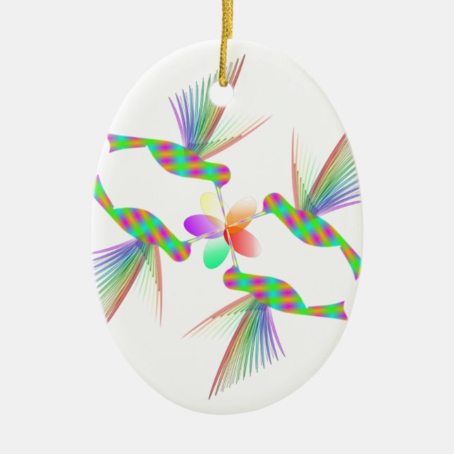 Rainbow Hummingbirds Kissing A Flower Ceramic Ornament (Front)