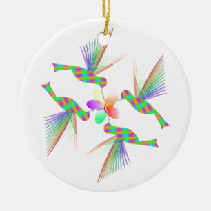 Rainbow Hummingbirds Kissing A Flower Ceramic Ornament