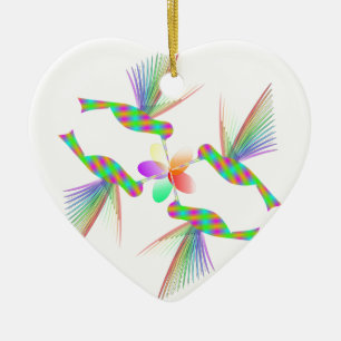 Rainbow Hummingbirds Kissing A Flower Ceramic Ornament