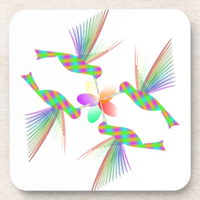 Rainbow Hummingbirds Kissing A Flower Coaster (Front)