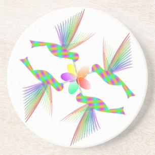 Rainbow Hummingbirds Kissing A Flower Coaster