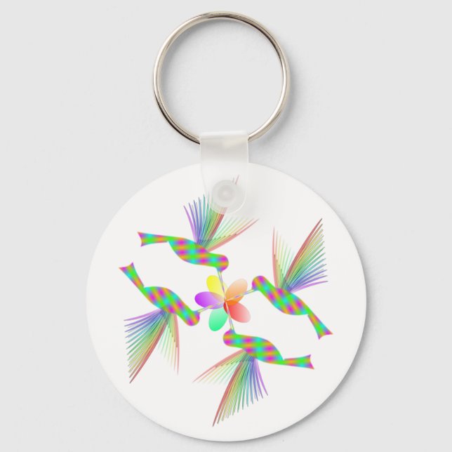 Rainbow Hummingbirds Kissing A Flower Key Ring (Front)