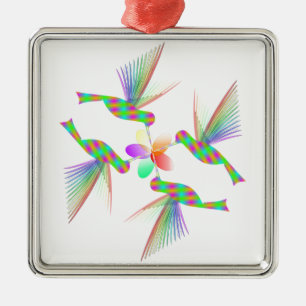 Rainbow Hummingbirds Kissing A Flower Metal Ornament