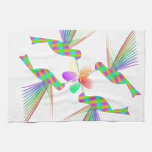 Rainbow Hummingbirds Kissing A Flower Tea Towel