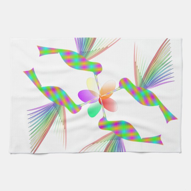 Rainbow Hummingbirds Kissing A Flower Tea Towel (Horizontal)
