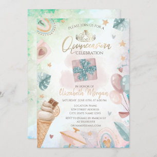 Rainbow,Ice cream,Balloons Summer Quinceañera Invitation