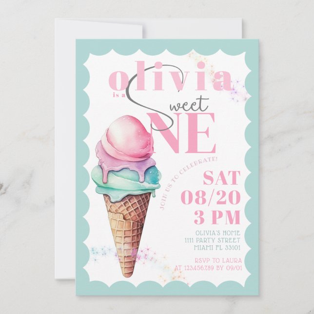 Rainbow Ice Cream Sweet One First 1st Birthday Invitation (Front)