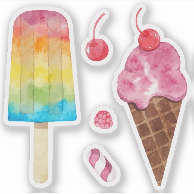 Rainbow ice cream watercolor cherry fruits set (Front)