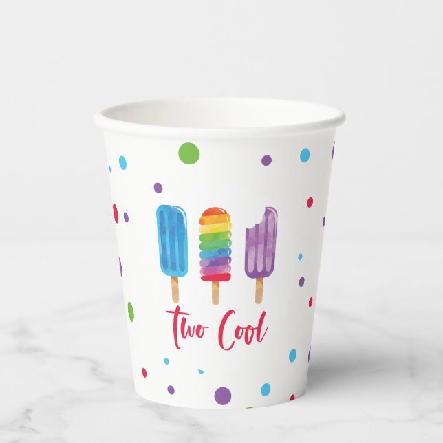 Rainbow ice pop Two Cool 2nd Birthday Paper Cups (Front)