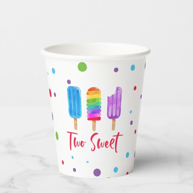 Rainbow ice pop Two Sweet 2nd Birthday Paper Cups (Front)
