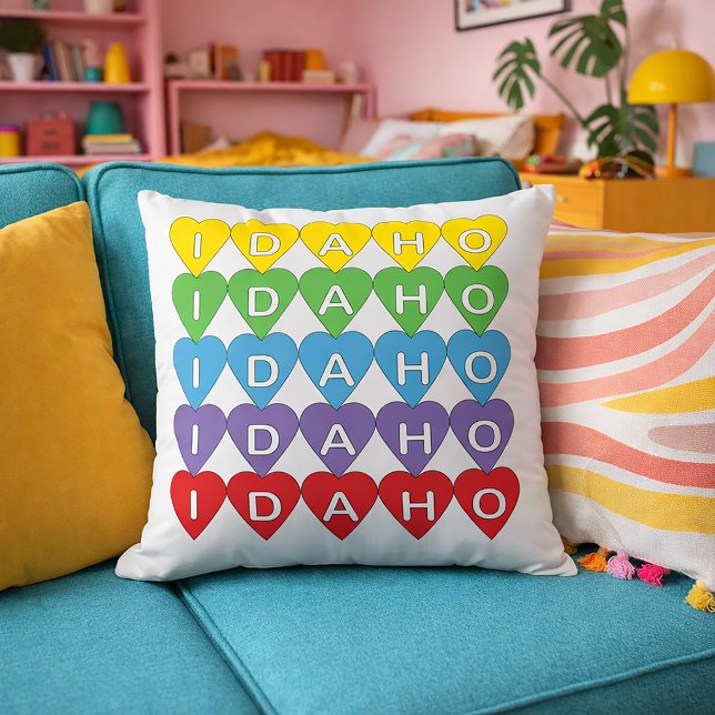 Rainbow Idaho State Love Design Cushion (A pillow with a rainbow heart pattern that says Idaho)