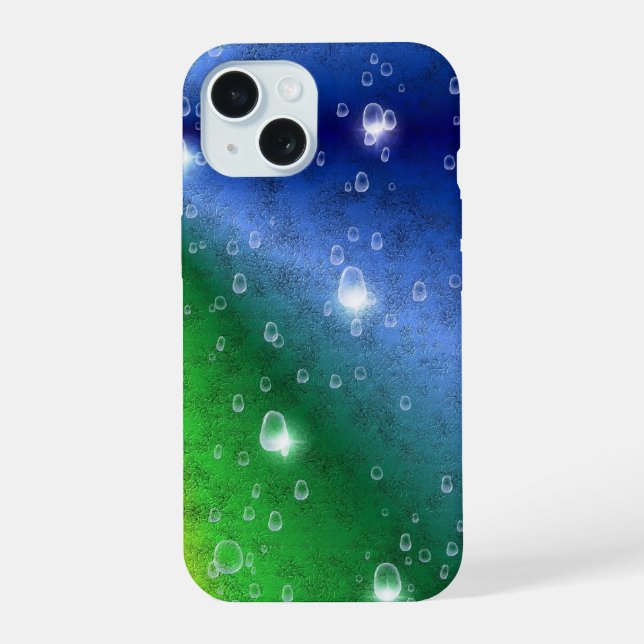 Rainbow in Elephant Skin Leather Optik & Raindrops iPhone 15 Case (Back)