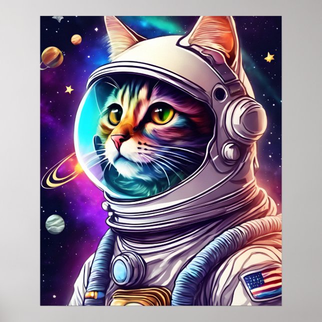 Rainbow in Space Cat, Astronaut Cat Digital Art Poster (Front)