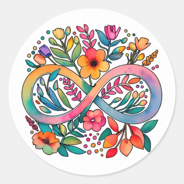  Rainbow Infinity Watercolor Flowers Autism Classic Round Sticker (Front)
