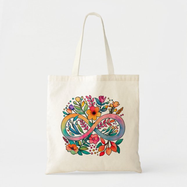 Rainbow Infinity Watercolor Flowers Autism Tote Bag (Front)