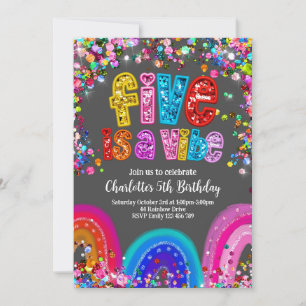 Rainbow Invitation, 5th Birthday Cute Bright Invitation