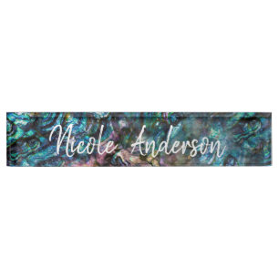 Rainbow Iridescent Abalone Sea Shell Office Desk Nameplate