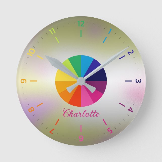 Rainbow Iridescent Girly Pink Educational Children Round Clock (Front)