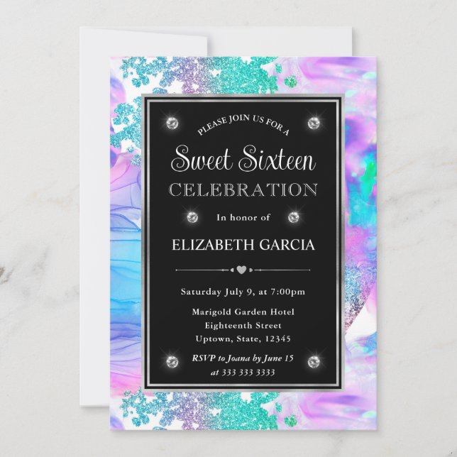 Rainbow Iridescent Glitter Pattern Sweet 16 Invitation (Front)