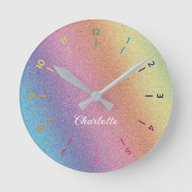 Rainbow Iridescent Glitter Personalised Children Round Clock (Front)