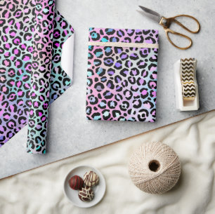 Rainbow Iridescent Gradient and Leopard Spots Wrapping Paper