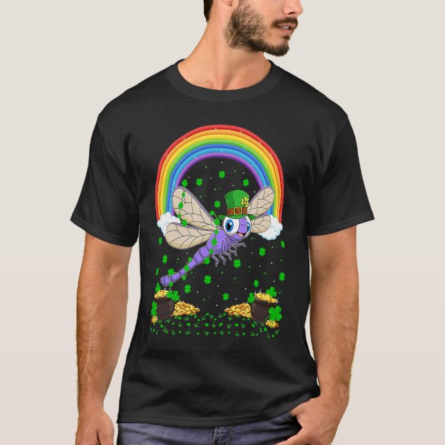 Rainbow Irish Shamrock Dragonfly St Patrick's Day T-Shirt (Front)