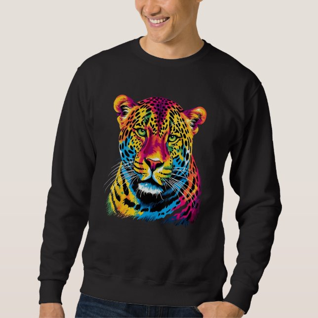 Rainbow Jaguar Big Cat Lover Print Graphic Abstrac Sweatshirt (Front)