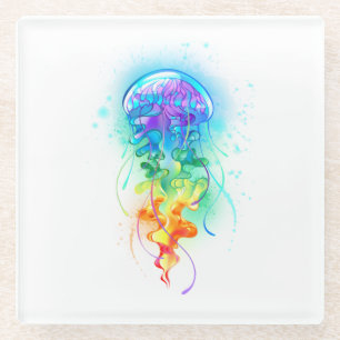 Rainbow jellyfish glass coaster