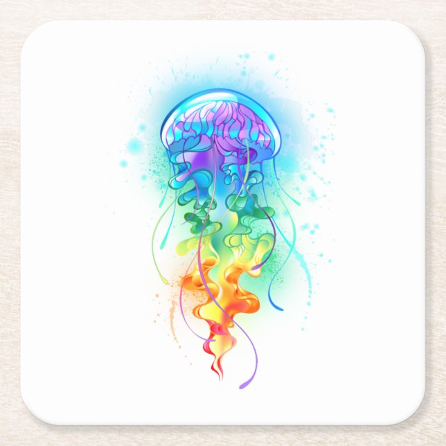 Rainbow jellyfish square paper coaster (Front)