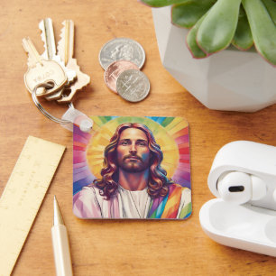Rainbow Jesus Portrait LGBTQ+ Christian Pride Key Ring