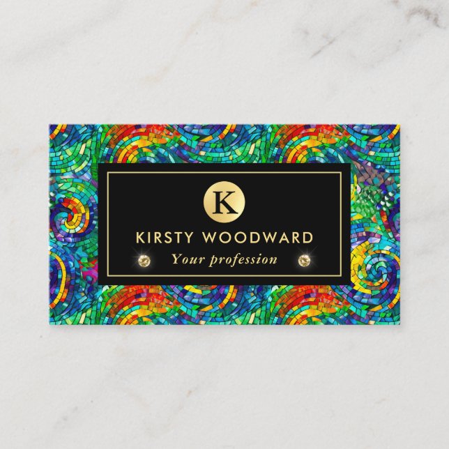 Rainbow Jewel Tone Mosaic Glass Pattern Business Card (Front)
